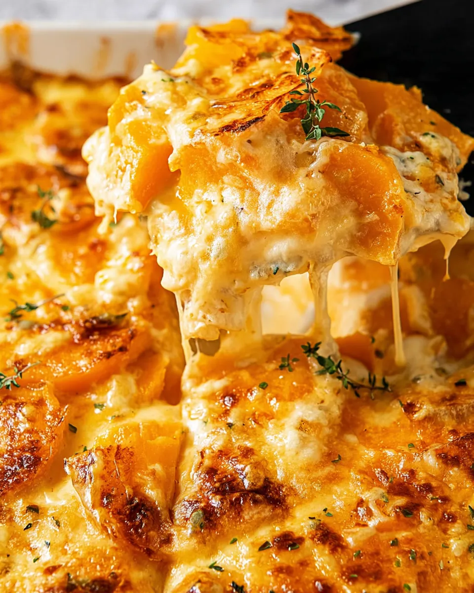 A close-up shot of a spatula lifting a cheesy, layered serving of butternut squash casserole from a baking dish, showing a visible cheese pull.