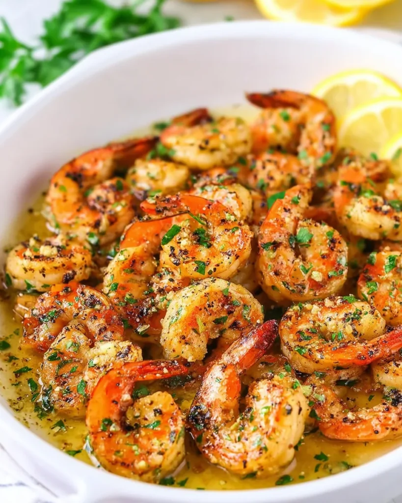 A close-up, angled shot of the Garlic Butter Shrimp Scampi Recipe in a pan, highlighting the texture of the shrimp and the specks of pepper and parsley in the sauce.