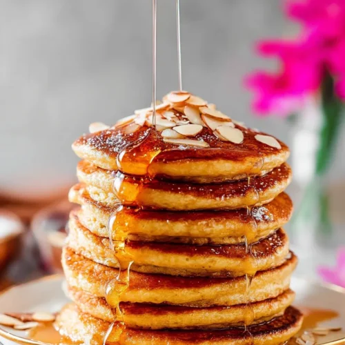 A stack of light-colored almond flour pancakes topped with fresh blueberries, slivered almonds, a sprig of mint, and a drizzle of honey.