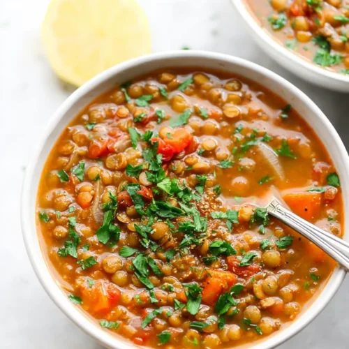 A close-up macro shot of a spoonful of lentil soup, showing the thick texture with lentils, diced carrots, and fresh parsley.
