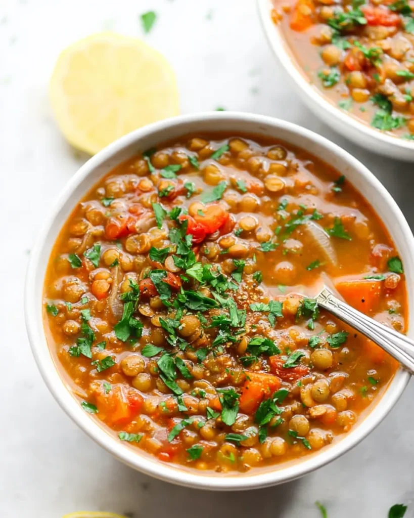 A close-up macro shot of a spoonful of lentil soup, showing the thick texture with lentils, diced carrots, and fresh parsley.