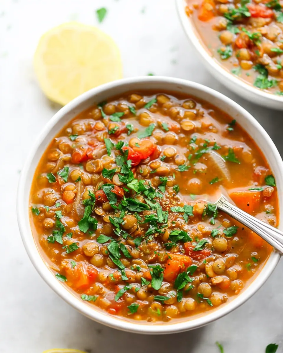 A close-up macro shot of a spoonful of lentil soup, showing the thick texture with lentils, diced carrots, and fresh parsley.