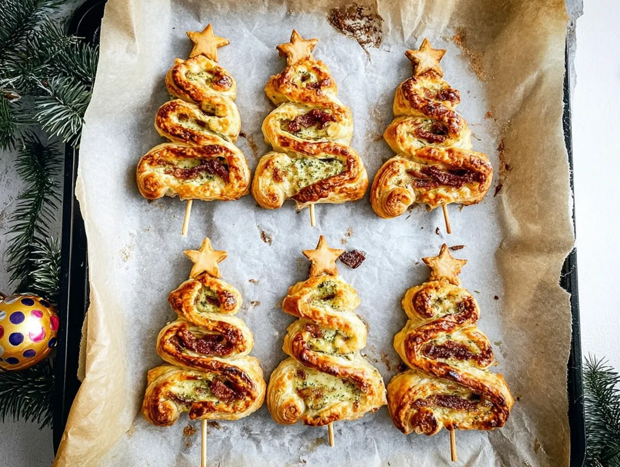 5-ingredients puff pastry christmas tree appetizer baked Six golden-baked puff pastry Christmas tree appetizers, filled with pesto and cheese and topped with star pastry cutouts on skewers, cooling on parchment paper on a baking sheet. Christmas greenery and a gold ornament are visible on the left side of the frame.