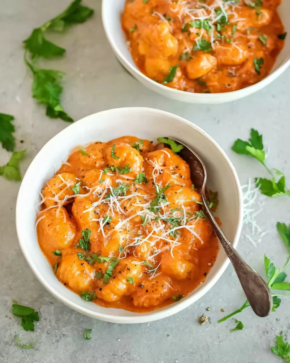 Two bowls of Creamy Tomato Gnocchi garnished with Parmesan cheese and fresh parsley, ready to eat.