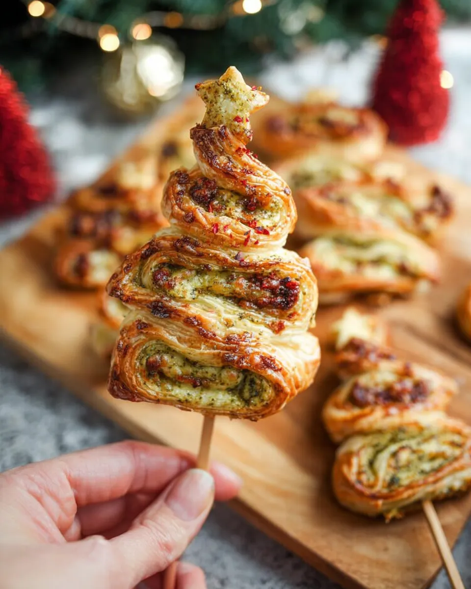 5-ingredients puff pastry christmas tree appetizer recipe A hand holds a single, golden-baked puff pastry Christmas tree appetizer on a wooden skewer, filled with pesto and cheese and topped with a pastry star. In the soft-focus background, more pastry trees are on a wooden board, surrounded by festive Christmas lights and red decorative trees.