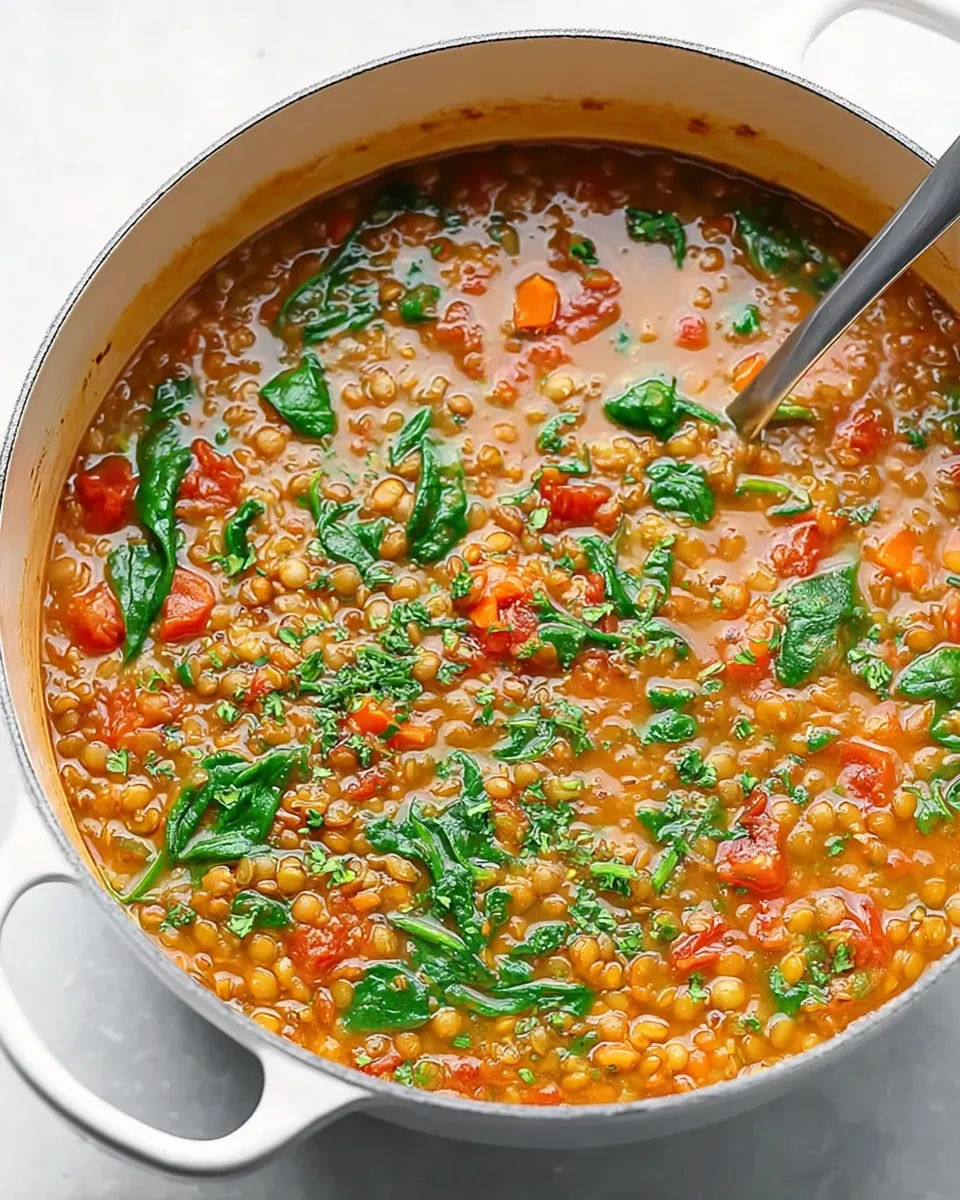 An overhead shot of a large white Dutch oven filled with easy 30-minute lentil soup, showing wilted spinach, diced tomatoes, and a metal ladle.