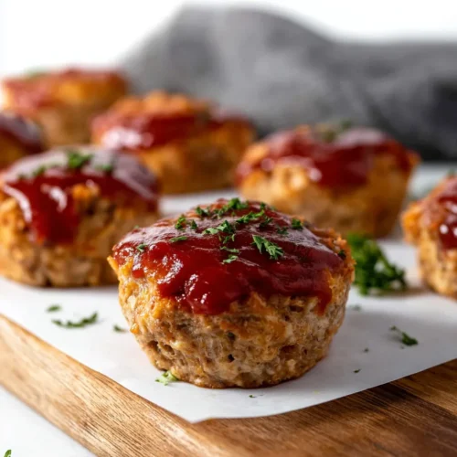 A close-up shot of an easy turkey meatloaf muffin on a wooden board, topped with a shiny ketchup glaze and fresh parsley. More muffins are blurred in the background.