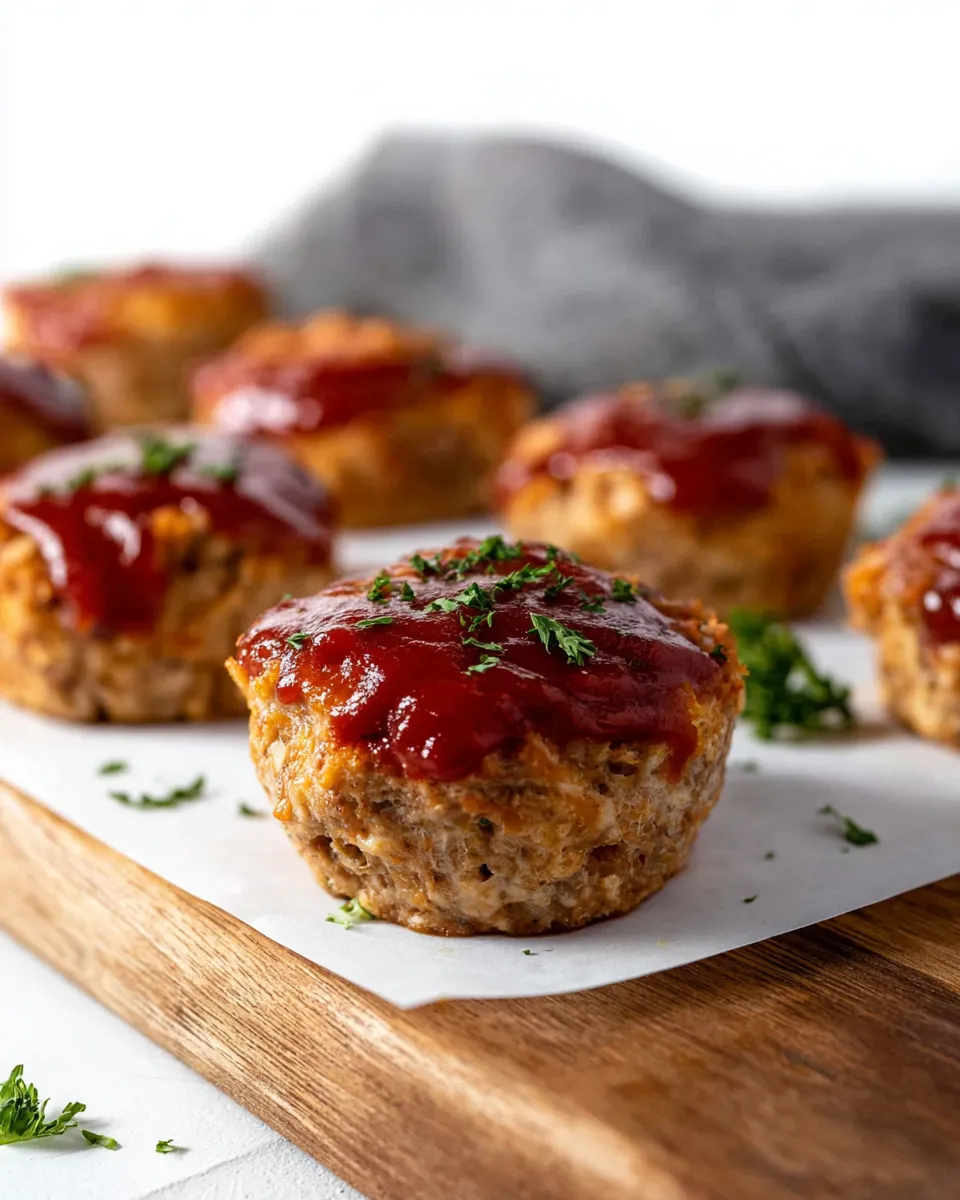 A close-up shot of an easy turkey meatloaf muffin on a wooden board, topped with a shiny ketchup glaze and fresh parsley. More muffins are blurred in the background.