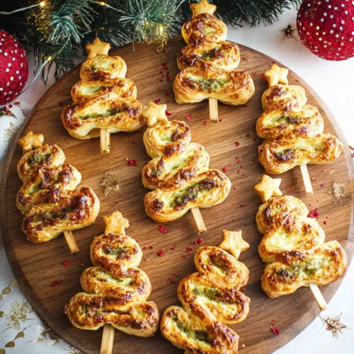 A wooden cutting board holds nine golden-baked puff pastry Christmas tree appetizers, each on a skewer and topped with a small pastry star. The trees are filled with pesto and cheese, and sprinkled with red pepper flakes. Christmas greenery with fairy lights and red ornaments decorate the background, with a small bowl of pesto visible at the bottom right.