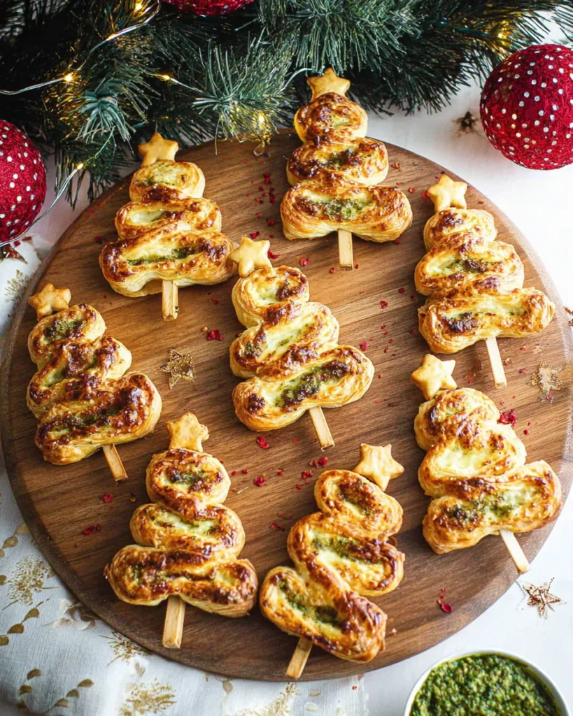 A wooden cutting board holds nine golden-baked puff pastry Christmas tree appetizers, each on a skewer and topped with a small pastry star. The trees are filled with pesto and cheese, and sprinkled with red pepper flakes. Christmas greenery with fairy lights and red ornaments decorate the background, with a small bowl of pesto visible at the bottom right.