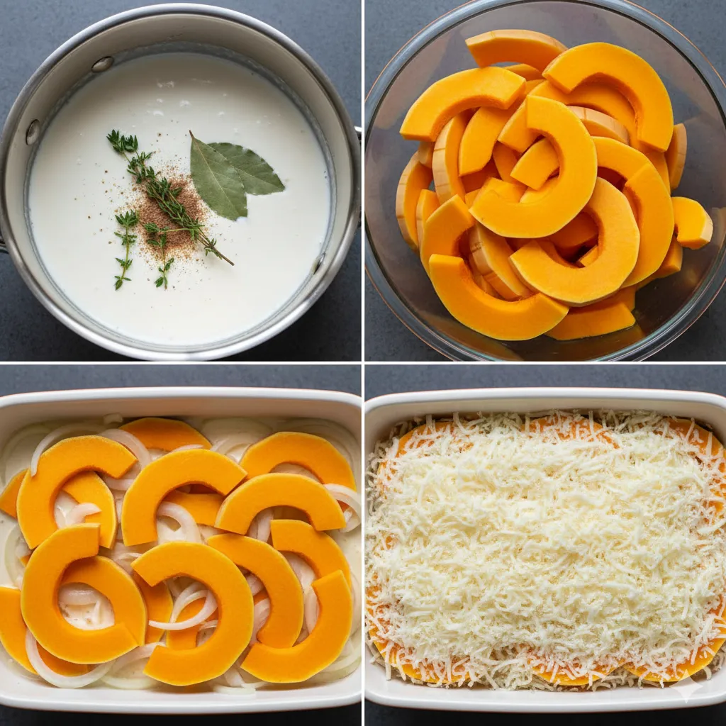 A 4-panel collage showing the steps for making butternut squash casserole: 1. Infusing cream with herbs. 2. Sliced butternut squash in a bowl. 3. Layering squash and onions in a dish. 4. Topping the casserole with shredded cheese before baking.