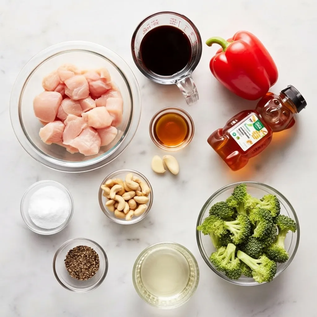 asy Weeknight Chicken Stir-Fry ingredients An overhead flat-lay of the ingredients for an easy weeknight chicken stir-fry, showing raw cubed chicken, broccoli, a red bell pepper, soy sauce, honey, cashews, garlic, and oil arranged on a white marble countertop.