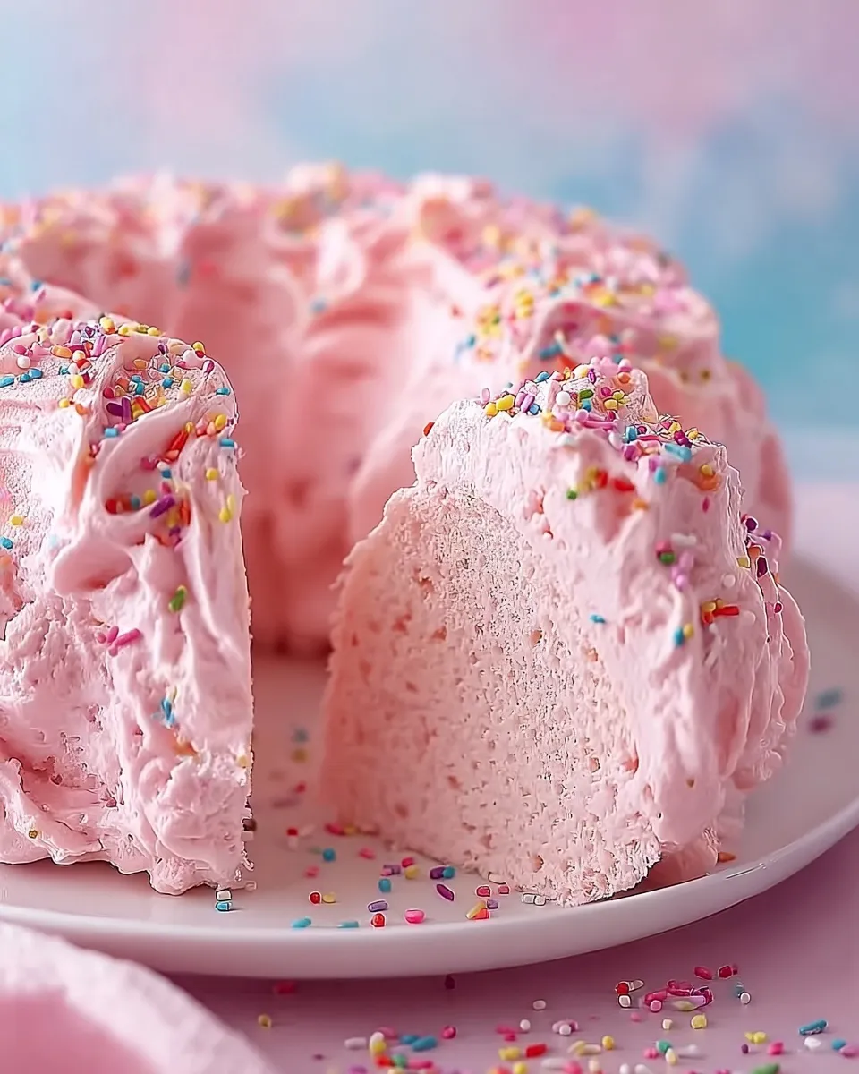 a sliced pink angel food cake Close-up of a sliced pink angel food cake on a white plate, revealing a light, fluffy pink crumb inside. The cake is covered in billowy pink marshmallow frosting and topped with colorful rainbow sprinkles.