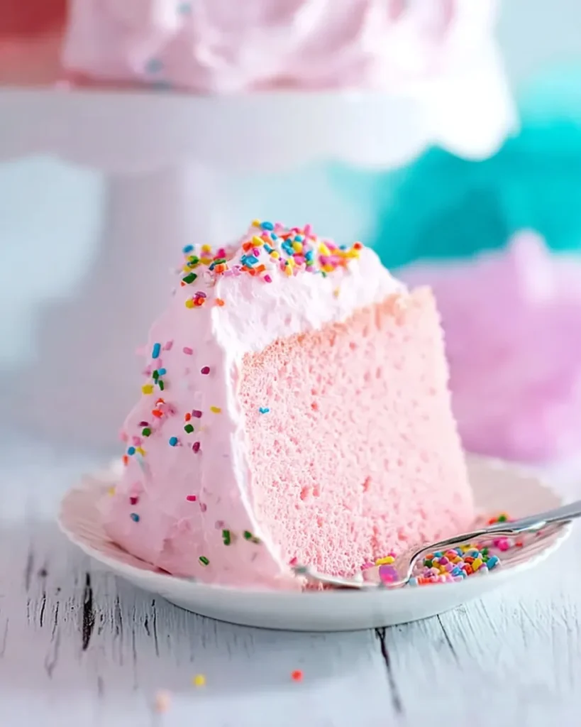 A vertical close-up of a single slice of fluffy pink angel food cake on a white scalloped plate. The slice features a light pink airy crumb, billowy pink marshmallow frosting, and is topped with rainbow sprinkles. A silver fork rests on the plate beside the cake.