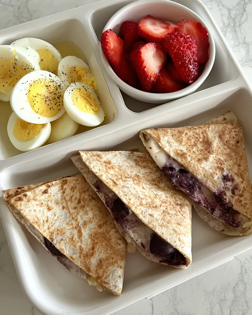 Blueberry Breakfast Quesadilla A white bento box meal prep container featuring three crispy blueberry breakfast quesadilla wedges, a side of sliced hard-boiled eggs seasoned with pepper, and a cup of fresh strawberries on a white marble surface.