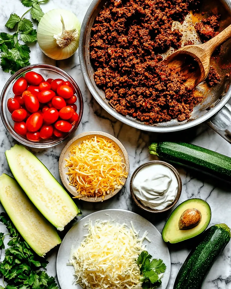 Overhead view of browned ground beef in a skillet surrounded by ingredients for taco stuffed zucchini boats, including whole zucchini, shredded cheddar cheese, avocado, cherry tomatoes, salsa, and sour cream.