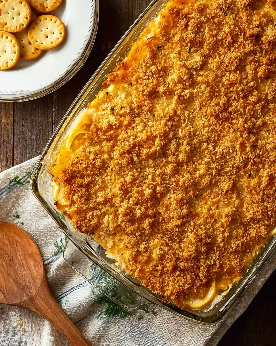 Southern Squash Casserole Overhead view of a rectangular glass baking dish filled with Southern Squash Casserole featuring a golden-brown, crispy Ritz cracker topping, sitting on a wooden table next to a wooden serving spoon and a plate of crackers.
