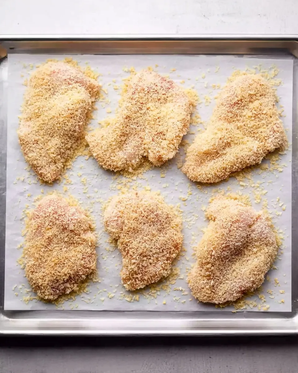 six raw chicken cutlets fully coated Top-down view of six raw chicken cutlets fully coated in crushed cornflake breading, arranged on a parchment-lined baking sheet ready for the oven.