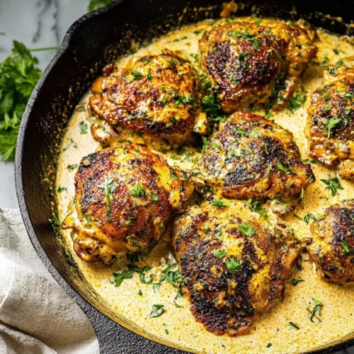 Close-up of finished creamy skillet chicken thighs in a cast iron skillet, surrounded by a rich garlic cream sauce and garnished with chopped parsley.