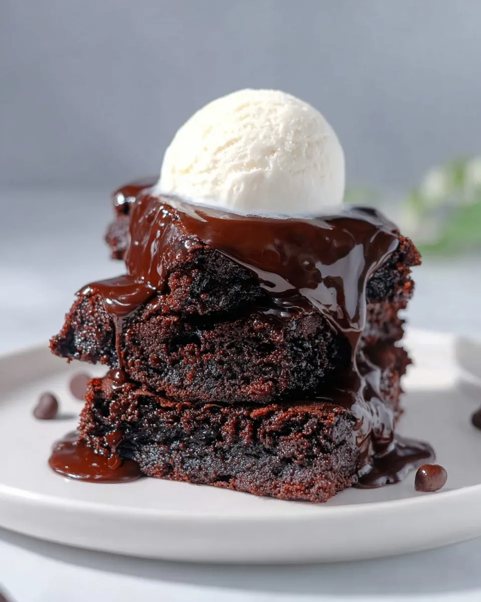 Midnight Fudge Cake on a white plate A vertical close-up of three stacked squares of dark Midnight Fudge Cake on a white plate, topped with a round scoop of vanilla ice cream and covered in dripping, glossy chocolate ganache.