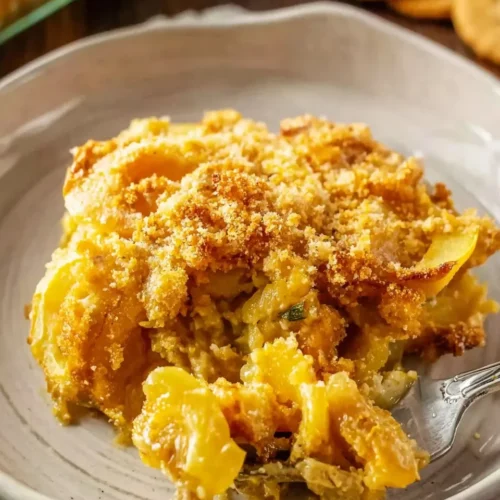 A close-up view of a serving of Southern Squash Casserole on a light ceramic plate, showing tender slices of yellow squash in a creamy cheese sauce topped with golden-brown Ritz cracker crumbs, with a silver fork taking a bite.