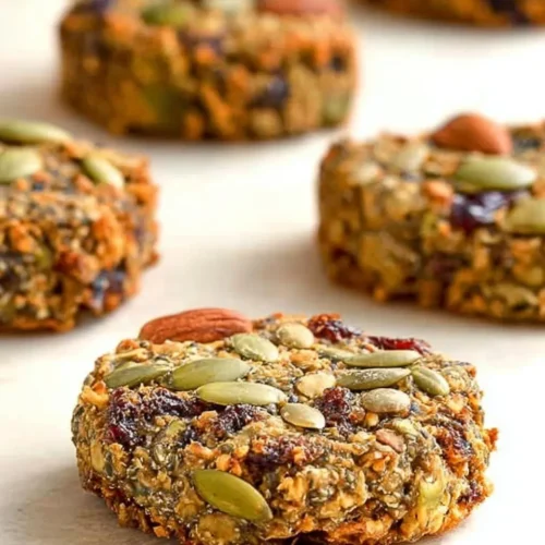 A close-up side view of thick, chewy nut and seed energy cookies cooling on parchment paper, visibly loaded with pumpkin seeds, almonds, and dried fruit.