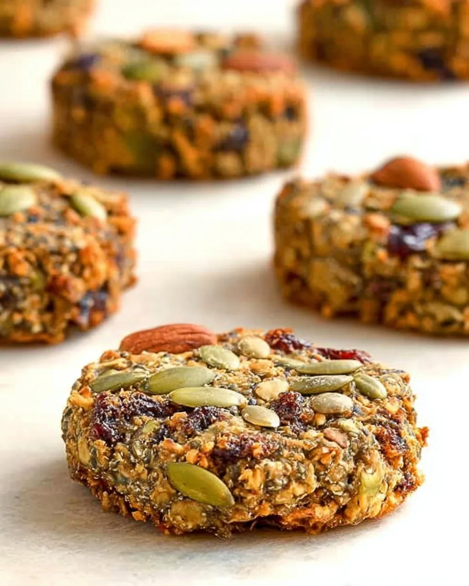 chewy nut and seed energy cookies A close-up side view of thick, chewy nut and seed energy cookies cooling on parchment paper, visibly loaded with pumpkin seeds, almonds, and dried fruit.