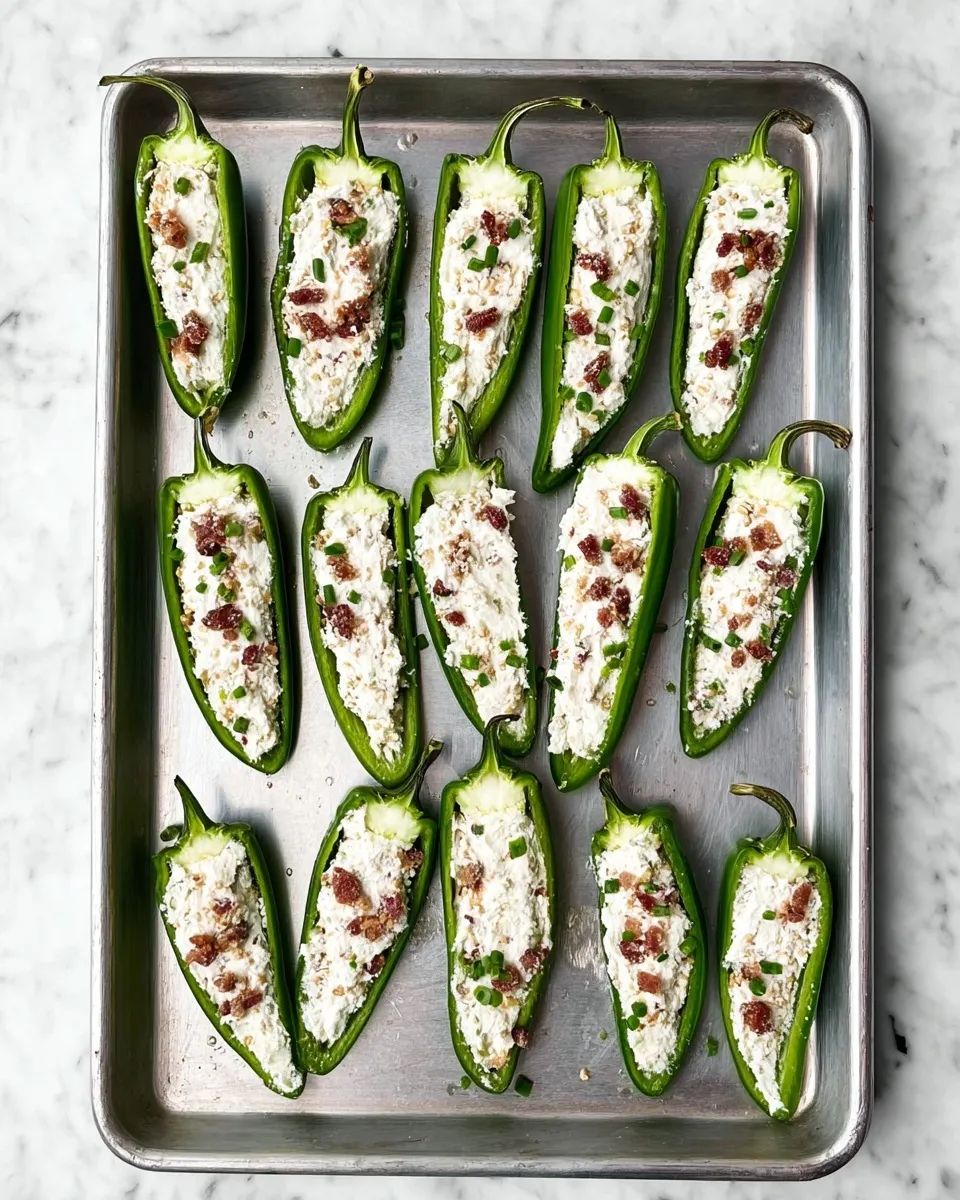 jalapeño poppers Overhead shot of raw jalapeño poppers arranged on a metal baking sheet, stuffed with cream cheese filling and topped with bacon bits and chives, ready for baking.