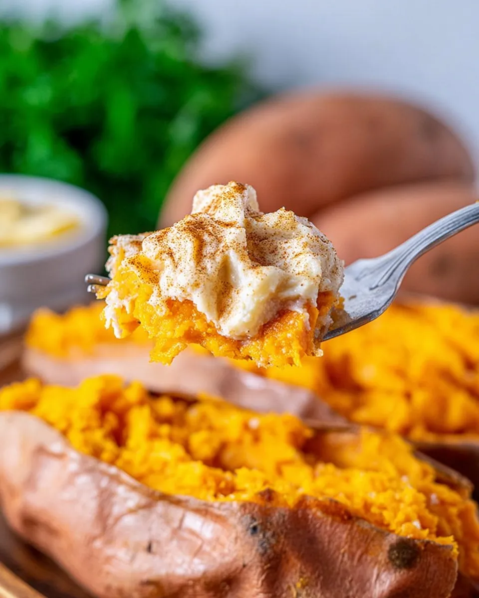 luffy baked sweet potato topped A close-up of a silver fork lifting a large bite of fluffy baked sweet potato topped with a generous mound of whipped cinnamon butter and a sprinkle of spice. In the background, whole baked sweet potatoes sit on a wooden serving board.