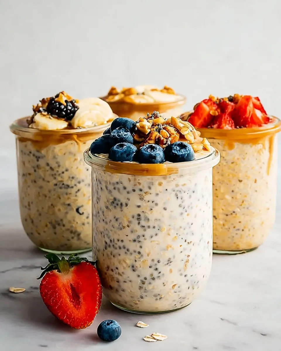 Four glass jars of creamy overnight oats lined up on a marble counter for meal prep. The front jar is topped with fresh blueberries, walnuts, and a brown sugar drizzle, while the background jars feature toppings like sliced bananas, blackberries, and chopped strawberries.