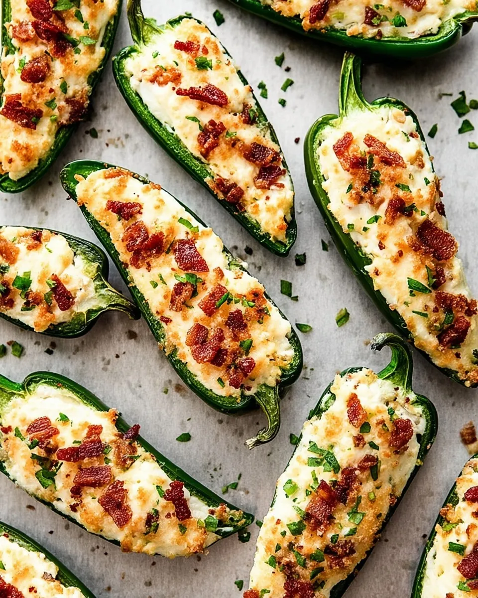 baked jalapeño poppers topped with crispy bacon Close-up overhead view of golden baked jalapeño poppers topped with crispy bacon and fresh herbs on parchment paper.