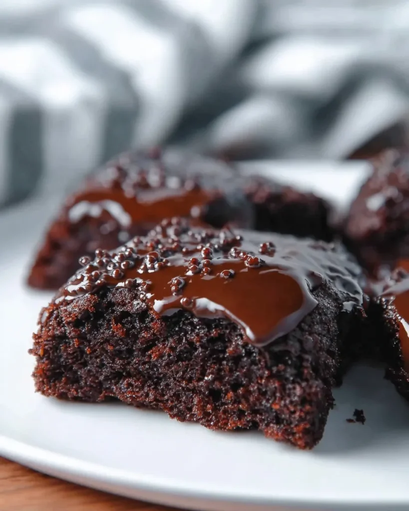 A macro close-up shot of a moist Midnight Fudge Cake square resting on a white plate. The cake is topped with a layer of glossy dark chocolate ganache and scattered with small chocolate sprinkles.