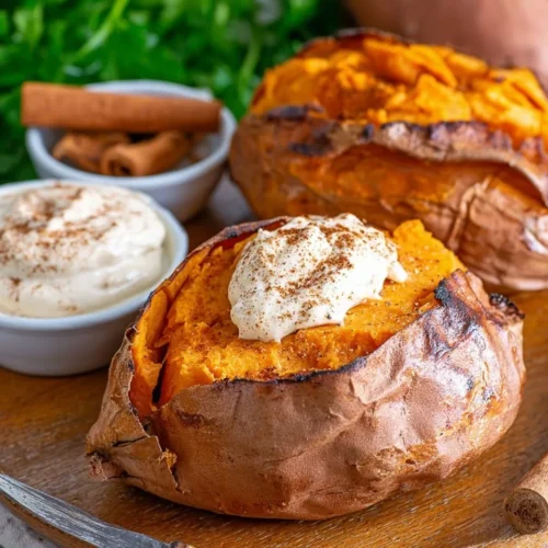 A perfectly baked sweet potato on a wooden board, sliced open to reveal fluffy orange flesh topped with a melting dollop of whipped cinnamon butter. In the background, there is a ramekin of extra butter, cinnamon sticks, and fresh parsley.