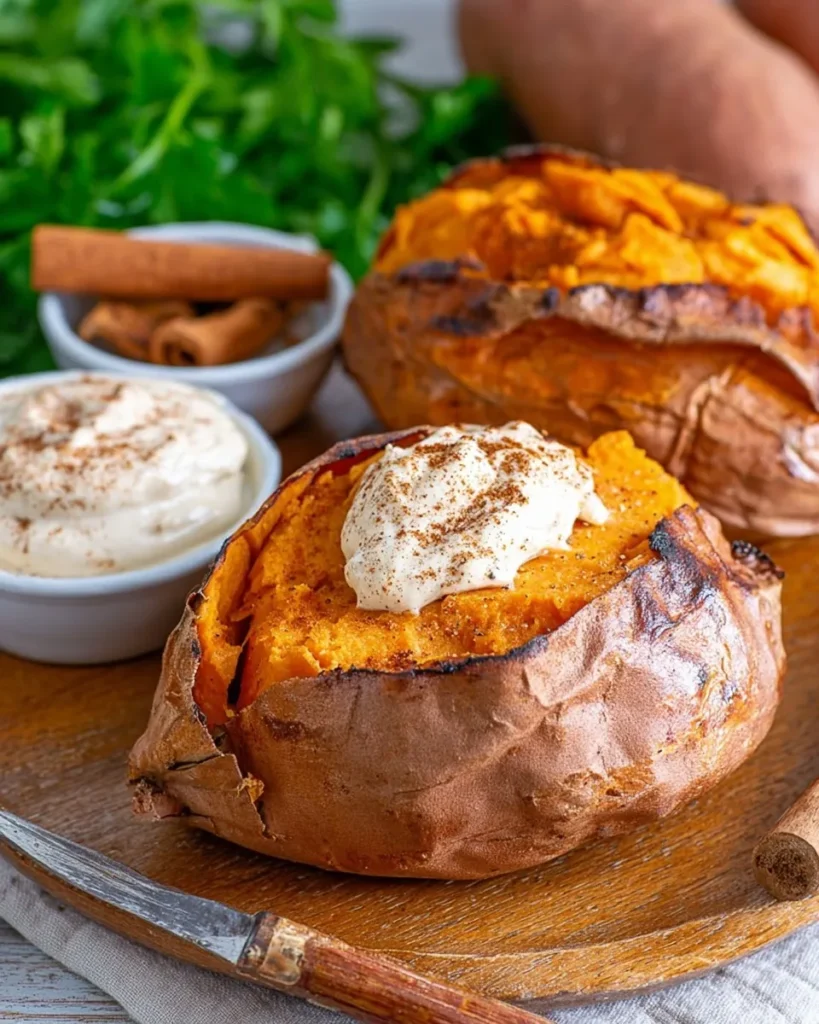 A perfectly baked sweet potato on a wooden board, sliced open to reveal fluffy orange flesh topped with a melting dollop of whipped cinnamon butter. In the background, there is a ramekin of extra butter, cinnamon sticks, and fresh parsley.