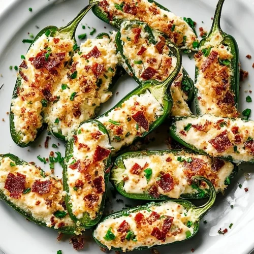 Overhead shot of a white plate piled high with easy creamy jalapeño poppers, garnished with crispy bacon and fresh chives, ready to serve as a party appetizer.