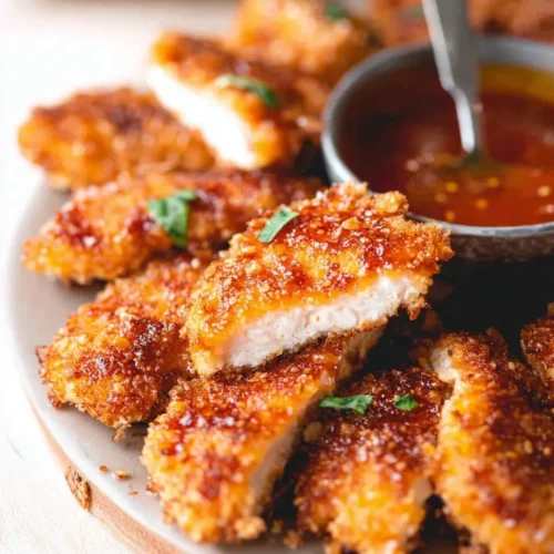 Close-up of crispy hot honey chicken tenders on a plate, with one piece cut open to reveal juicy white meat, served alongside a bowl of spicy honey dipping sauce with chili flakes.