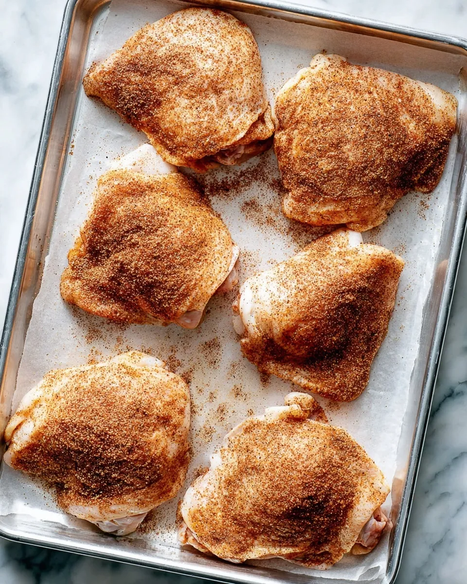 skin-on chicken thighs Six raw, skin-on chicken thighs arranged on a parchment-lined baking sheet, generously coated with a reddish-brown spice rub including paprika and garlic powder.