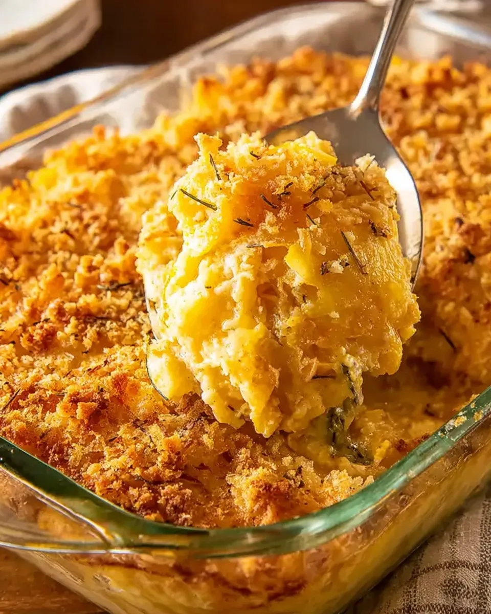 creamy Southern Squash Casserole A close-up shot of a silver serving spoon lifting a large scoop of creamy Southern Squash Casserole from a glass baking dish, revealing tender yellow squash slices and a golden-brown, herb-flecked Ritz cracker topping.