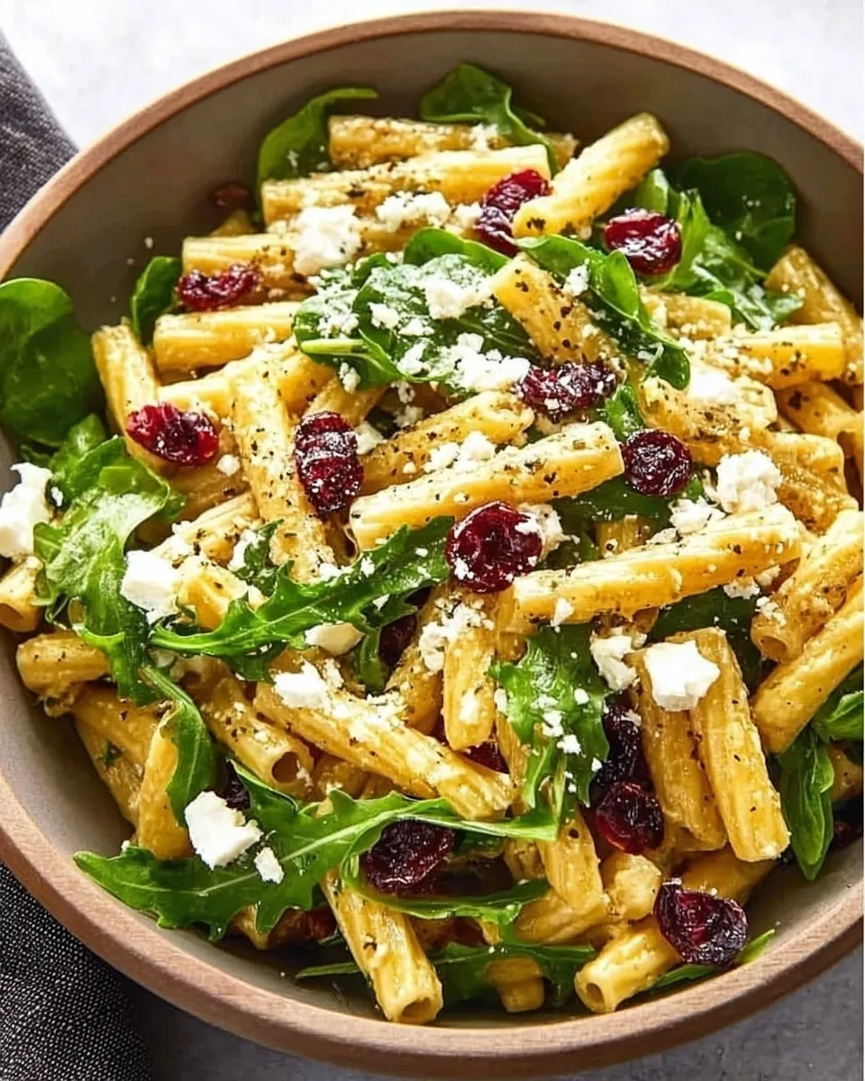 Feta and Cranberry Rigatoni Salad Pinterest graphic for Feta and Cranberry Rigatoni Salad featuring two close-up photos of cooked rigatoni pasta mixed with fresh spinach, dried cranberries, and crumbled feta cheese. Text overlay reads "Feta and Cranberry Rigatoni Salad: Sweet, Tangy & Perfectly Balanced, Easy Crowd-Pleasing Side Dish."