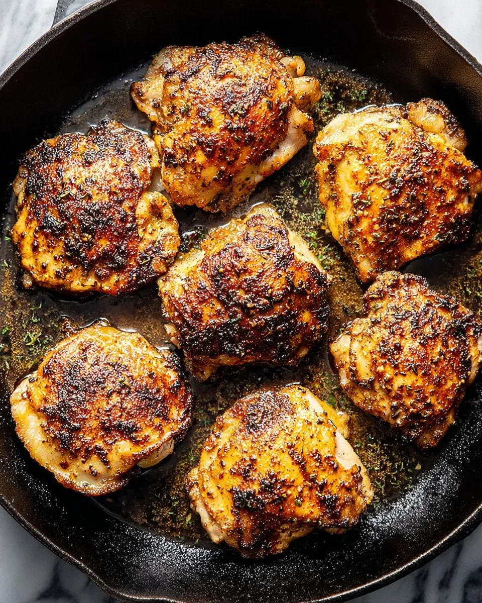 crispy pan-seared chicken thighs Six crispy pan-seared chicken thighs in a cast iron skillet showing deep golden-brown skin and savory seasoning.