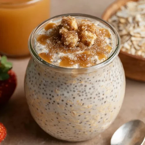 Close-up view of a glass jar filled with creamy overnight oats and chia seeds, topped with a generous layer of brown sugar clumps and melted caramel syrup. Fresh strawberries and a silver spoon sit next to the jar on a neutral surface.