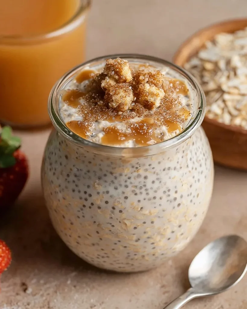Close-up view of a glass jar filled with creamy overnight oats and chia seeds, topped with a generous layer of brown sugar clumps and melted caramel syrup. Fresh strawberries and a silver spoon sit next to the jar on a neutral surface.