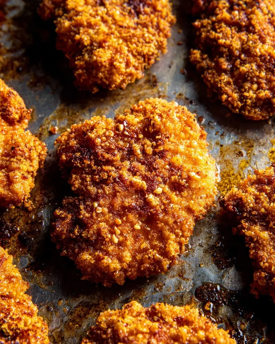 baked chicken cutlets Close-up top view of baked chicken cutlets on a baking sheet featuring a deep golden-brown, crispy cornflake coating with caramelized edges.