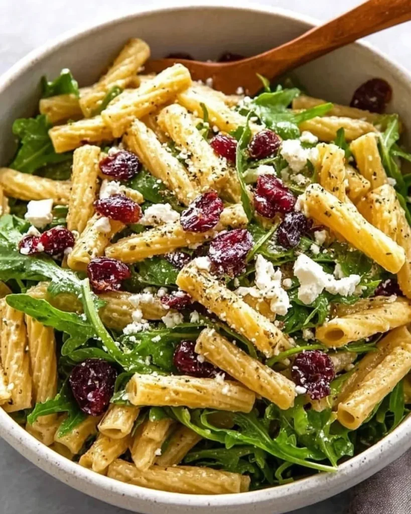 Overhead close-up view of Feta and Cranberry Rigatoni Salad in a speckled ceramic bowl, featuring rigatoni pasta, fresh spinach leaves, dried cranberries, and crumbled feta cheese with a wooden spoon tucked into the side.