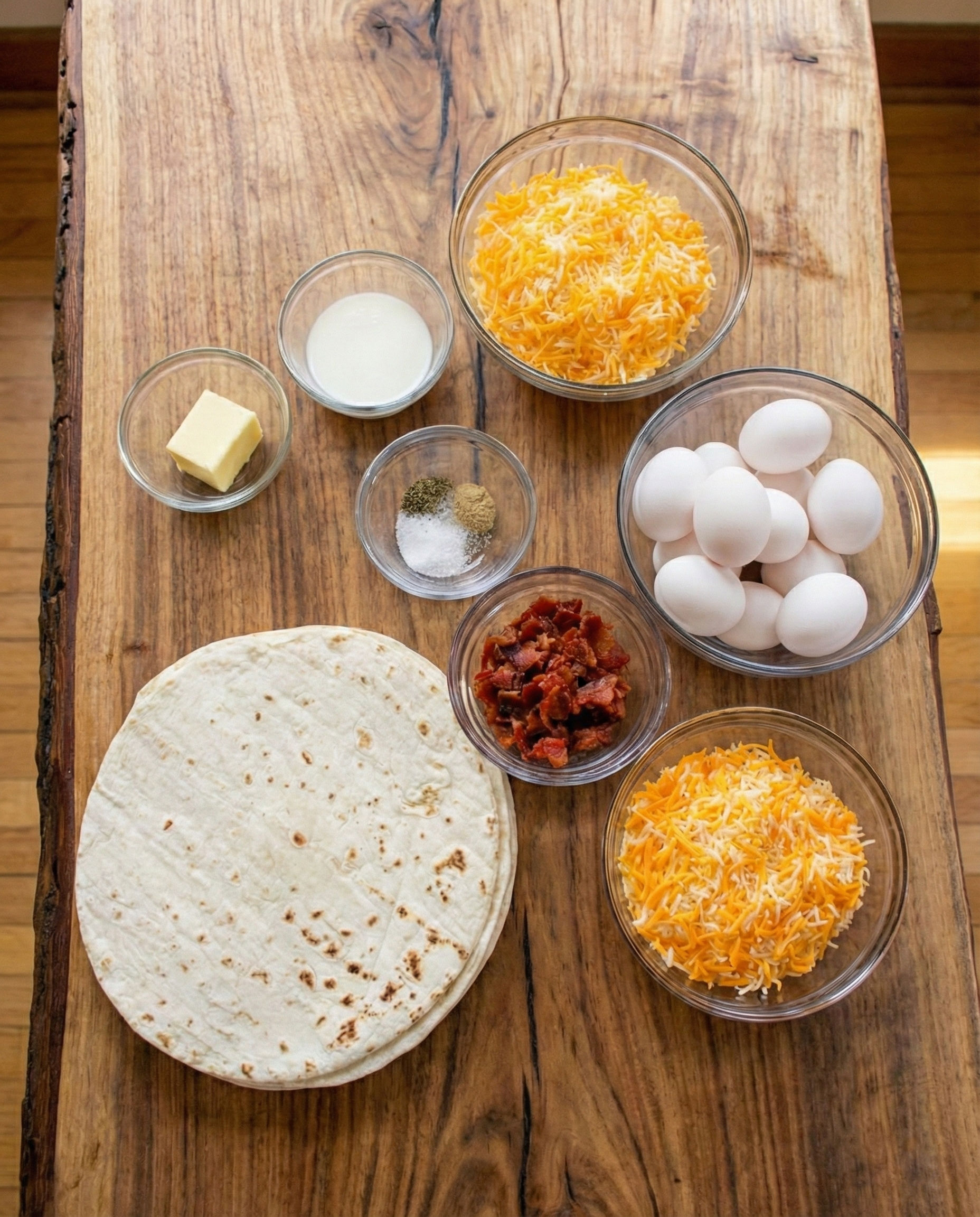 Overhead shot of ingredients for bacon egg breakfast burritos arranged on a rustic wooden table, including a stack of flour tortillas, a bowl of white eggs, shredded cheese, crumbled bacon, butter, milk, and seasonings.