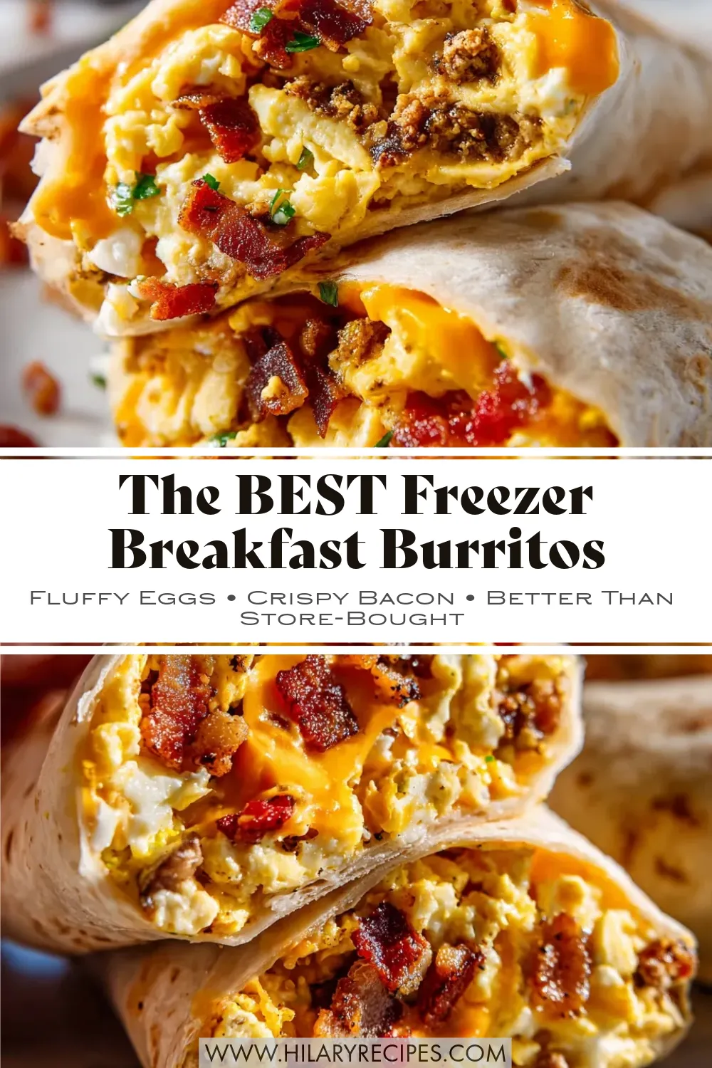 Pinterest graphic showing stacked bacon egg breakfast burritos cut in half, revealing a filling of fluffy scrambled eggs, melted cheese, and crispy bacon bits. Text overlay reads "The BEST Freezer Breakfast Burritos: Fluffy Eggs, Crispy Bacon, Better Than Store-Bought."