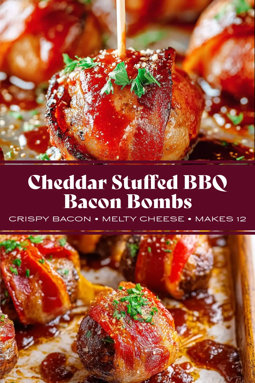 Cheddar Stuffed BBQ Bacon Bombs pin Pinterest graphic for Cheddar Stuffed BBQ Bacon Bombs featuring a close-up of a glossy, BBQ-glazed bacon-wrapped meatball with a toothpick and a baking sheet full of cooked appetizers. Text overlay reads: "Cheddar Stuffed BBQ Bacon Bombs, Crispy Bacon, Melty Cheese, Makes 12.