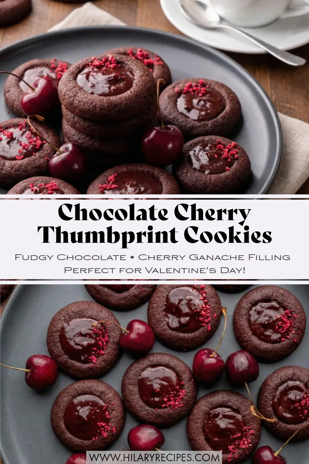 Pinterest graphic featuring Chocolate Cherry Thumbprint Cookies: a split image showing a side view and an overhead view of fudgy chocolate cookies filled with glossy cherry ganache and garnished with red sprinkles, surrounded by fresh cherries on a dark grey plate.