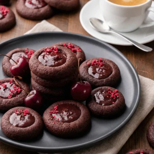 A dark grey plate stacked with rich chocolate cherry thumbprint cookies featuring glossy ganache centers and red sprinkles, arranged on a wooden table next to fresh cherries and a steaming white cup of coffee.