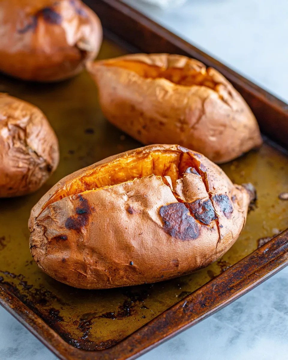 Cinnamon Butter Baked Sweet Potato A baking sheet holding whole baked sweet potatoes fresh from the oven. The potatoes have wrinkled, deep orange-brown skins with caramelized sugars bubbling out, indicating they are fully cooked and tender.